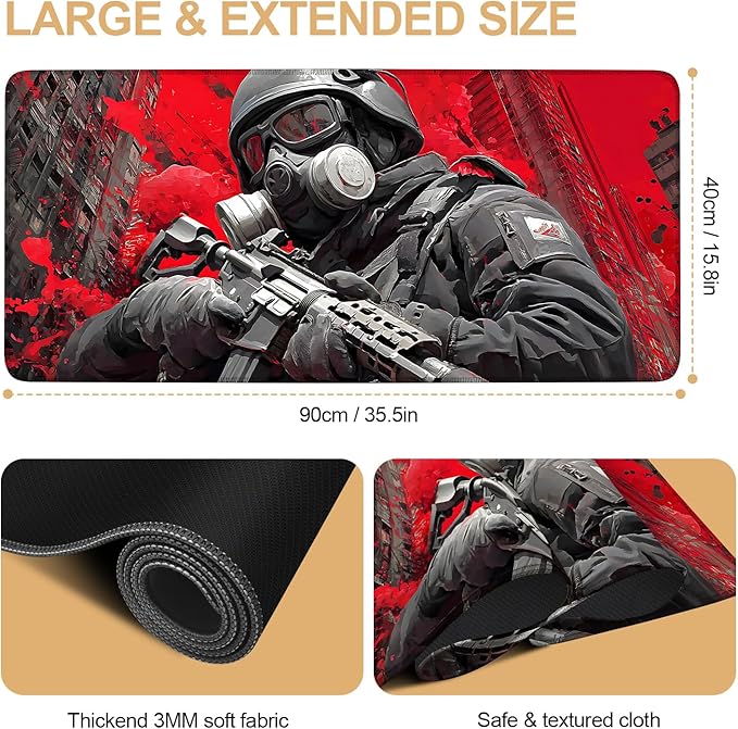 Large Extended Gaming Mouse Pad - Military Soldier Design, Soft Fabric Desk Mat with Non-Slip Rubber Base, Extra Long Mousepad for Gaming, Office, Keyboard & Mouse, 35.43 x 15.75 in