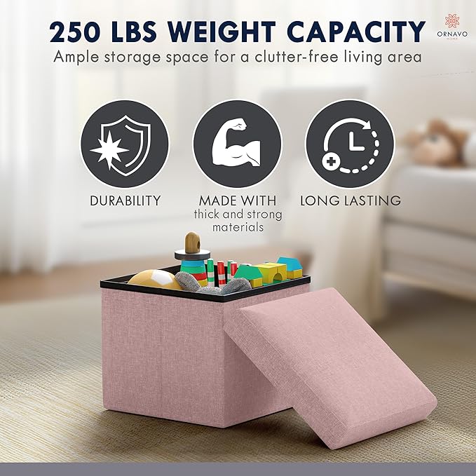 Ornavo Home Small Storage Ottoman, Set of 2 Foldable Collapsible Cube Square Linen Ottoman Foot Rest Stool Seat, for Living Room, Bedroom, Home Office, Dorm - 12 x 12 x 12, Pink