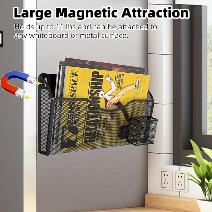 Magnetic File Holder 1 Pockets File Folder Organizer with Pen Holder, Office Hanging Magazine Rack for File Cabinets, Magnetic Paper Holder, No Drilling Mail Organizer for Refrigerator, Office (Black)