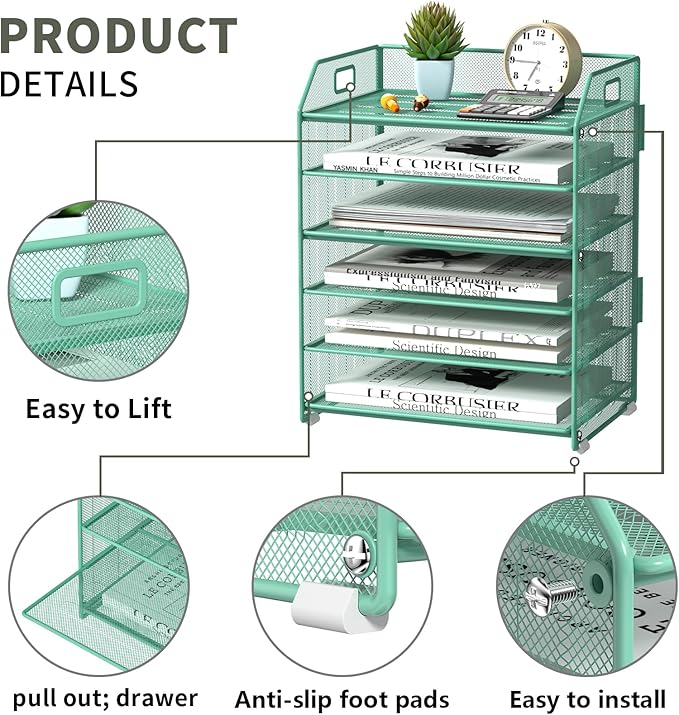 6 Trays Paper Organizer Letter Tray with Pull-Out Drawer, Assembled Mesh Desk File Holder, Metal Paper Sorter for Office Documents, Green