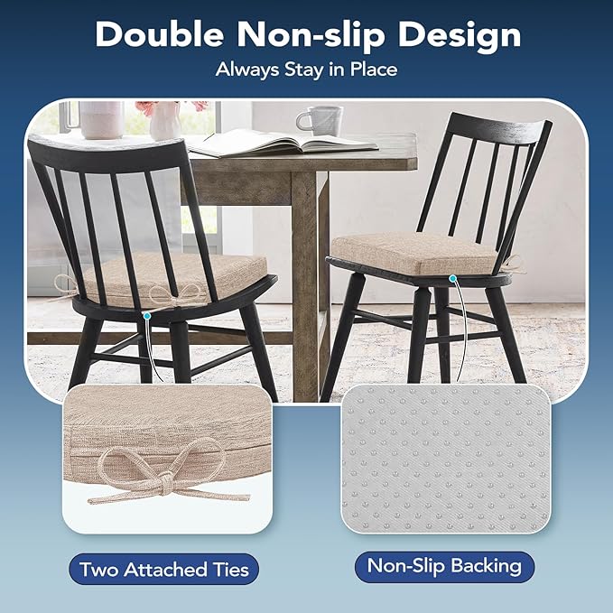 Chair Cushions for Dining Chairs, Non Slip Chair Pads with Ties and Washable Covers, Memory Foam Kitchen Chair Cushions Set of 4, 16"X16"X2.5", Oatmeal Beige