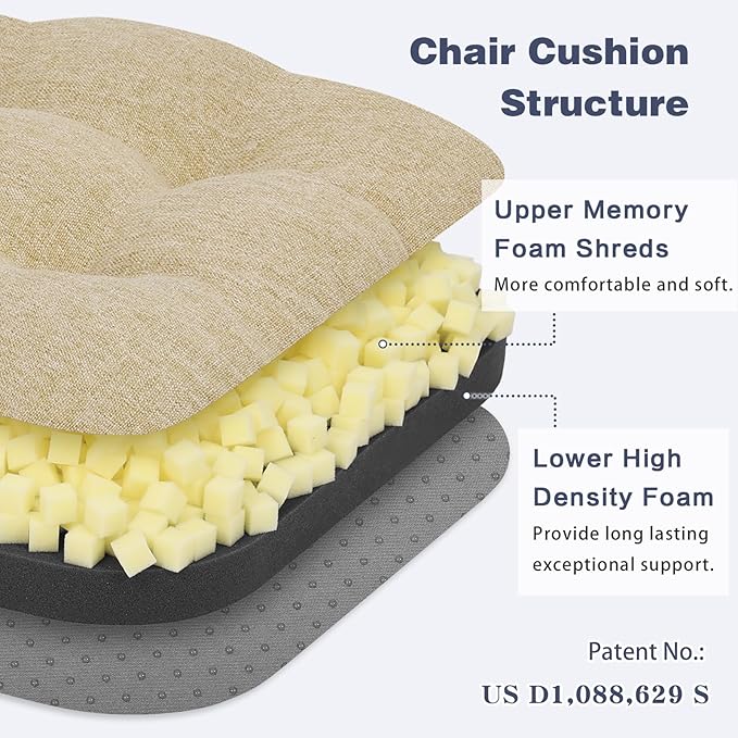 baibu Dining Chair Cushions, Set of 6 Dual-Layer Patent Design Memory Foam Kitchen Chair Cushions, Non-Slip Seat Pads with Ties, 16.5 x 16.5 x 3.5in, 6 Pack, Beige
