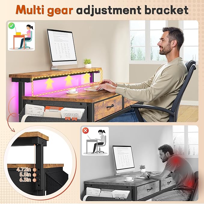 Gaming Desk with LED Lights with 2 Drawers, 31 Inch Desk Home Office Desk Computer Desk with Side Pocket & Ergonomic Monitor Stand, Small Space Study Writing Table with Anti-Tip Design, Rustic Brown