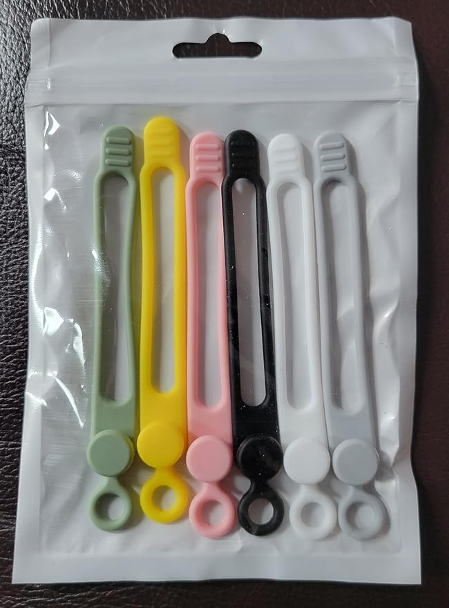 Set of 6 Silicone Cable Straps Organizer, Wire Management Ties for Bundling Phone Charger Cables, Earphones, Computer Cords, Organize Home Office (MultiColor6)