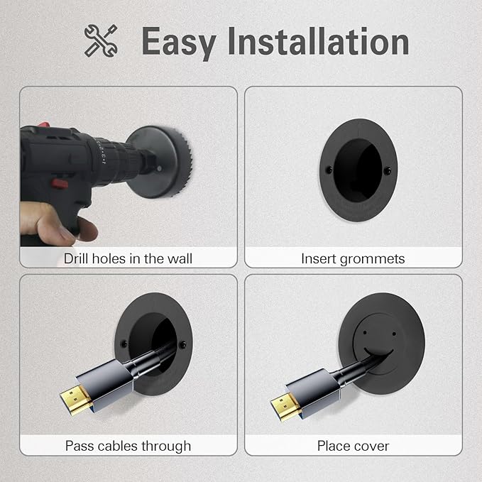 in Wall Cable Management Kit, Large Opening Cable Pass Through (Fits 5+ Cables), 2-Pack Wall Grommets with Drywall Hole Saw for Easy Install, TV Cord Hider for Wall Mounted TV - Black
