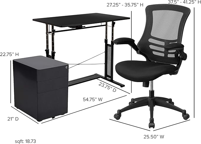Flash Furniture Work From Home Kit - Adjustable Computer Desk, Ergonomic Mesh Office Chair and Locking Mobile Filing Cabinet with Side Handles