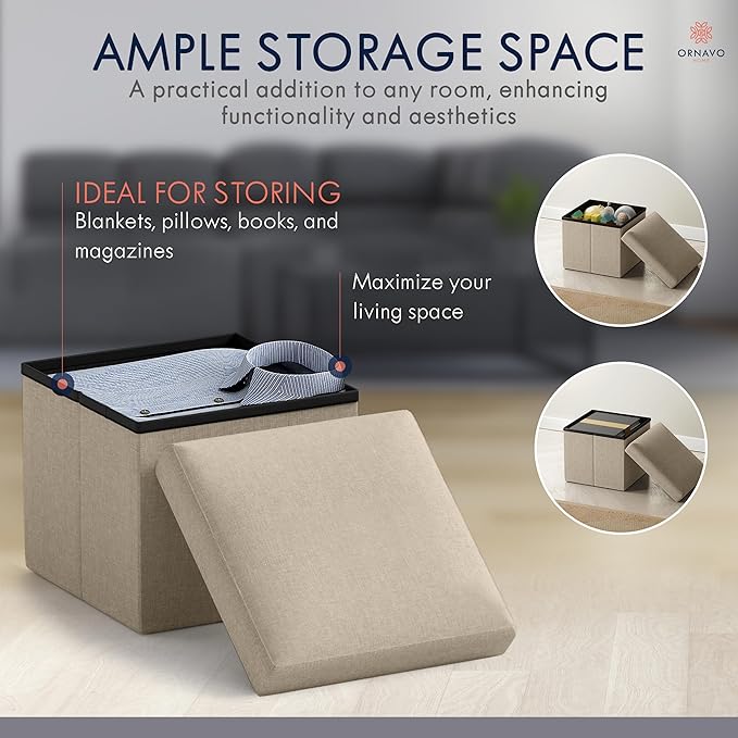 Ornavo Home Small Storage Ottoman Foldable Collapsible Cube Square Linen Ottoman Foot Rest Stool Seat, for Living Room, Bedroom, Home Office, Dorm - 12 x 12 x 12, Taupe