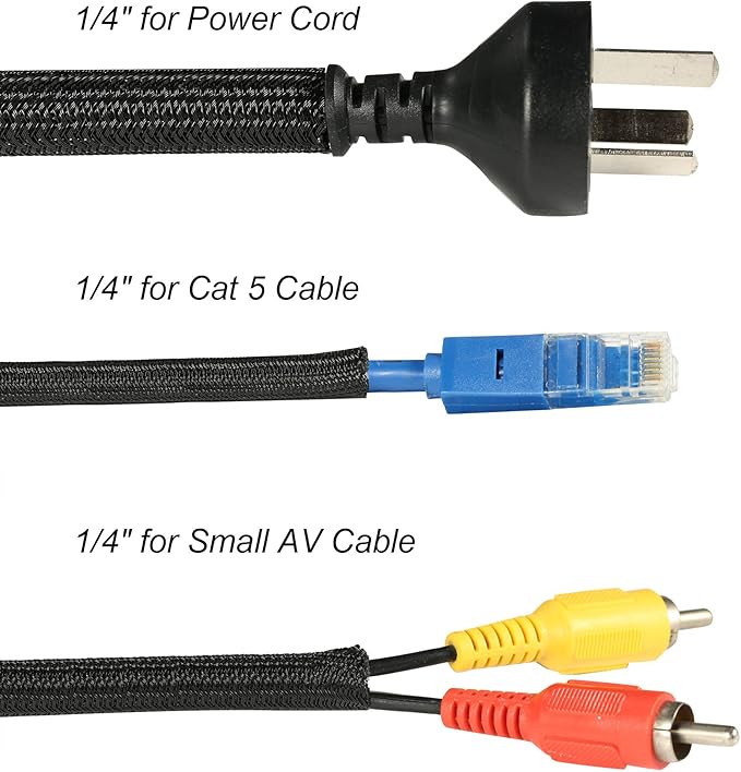 10ft - 1/4 inch Braided Cable Management Sleeve Cord Protector - Self-Wrapping Split Wire Loom for TV/Computer/Home Theater/Engine Bay - Black