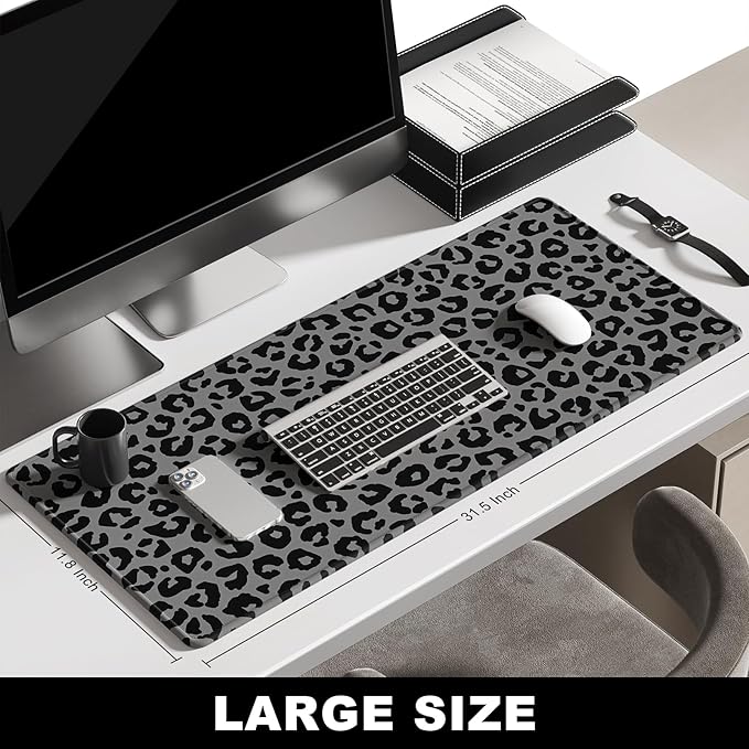 BOSOBO Extended Gaming Desk Mat, XXL Full Cover 31.5 x 11.8 Inches, Black Leopard Print