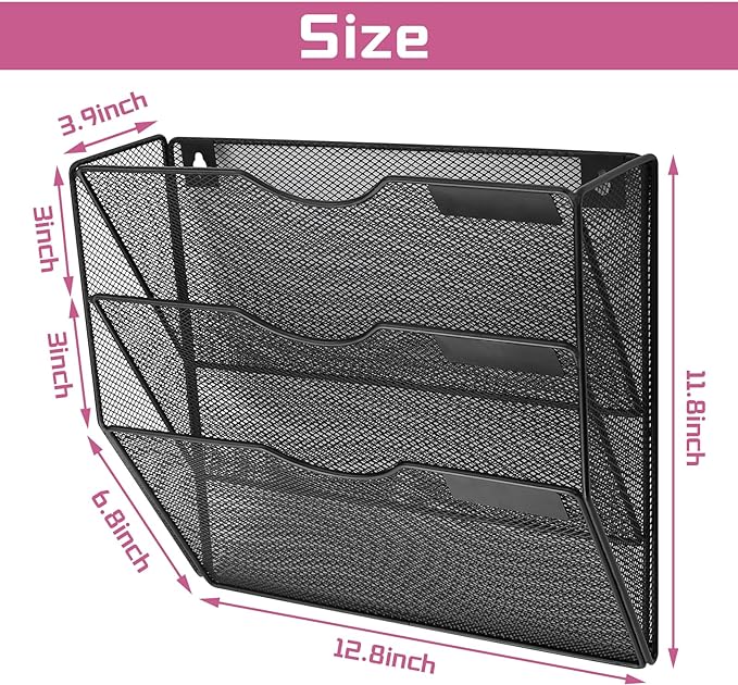 3 Pockets Mesh Wall File Holder Organizer Office Hanging File Folder Magazine Rack, Nametag Label Hooks Set Included (Black)