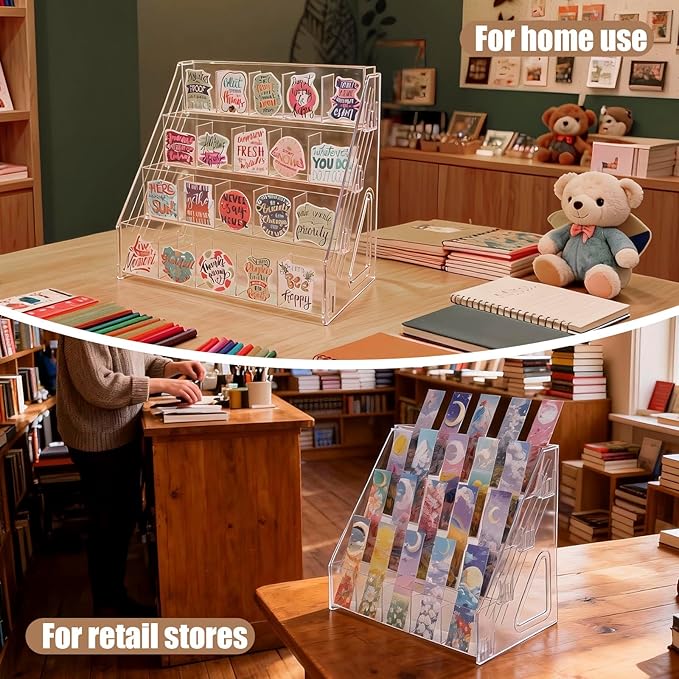 Acrylic Bookmark Display Stand with Divided Pockets, Portable Sticker Holder Tiered Display Stand, Clear Desk Organizer for Home, Retail or Craft Fair Use(20 Pockets, 4 Tier)
