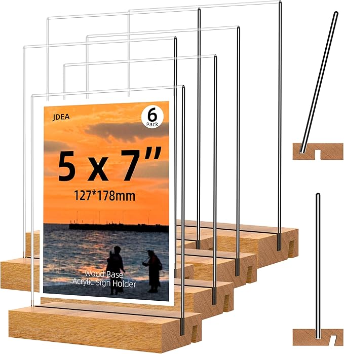 5x7 Inch Acrylic Sign Holder with Wood Base Vertical and Slant Displays(6 Pack 5*7")