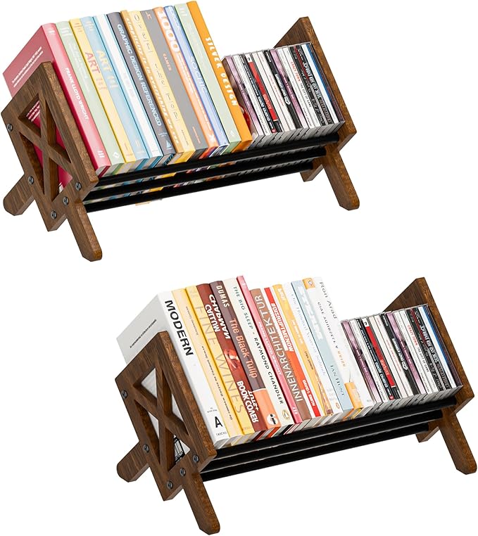 Desktop Bookshelf Organizer, Wood Office Tabletop Book Storage Rack, Tilting Bookcase for Books/CDs/Magazine Display (2 Packs Black)