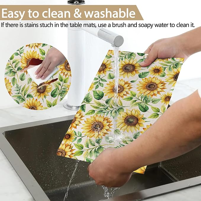 Watercolor Sunflower Linen Placemats Set of 6, Decorative Table Mats 12x18 Inch, Washable Heat Resistant Placemats for Dining Table Kitchen Home Decor