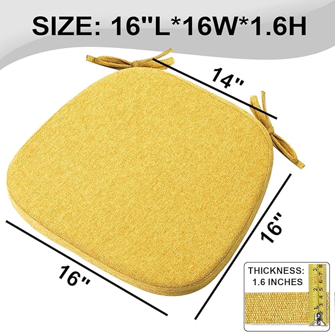 SINOSSO 6 Pack Memory Foam Chair Cushions for Dining Chairs, Friendly Woven Fabric 16" U-Shape Comfortable Kitchen Chair Pads, Removable Slip Resistant Seat Cushions (Set of 6, Yellow)