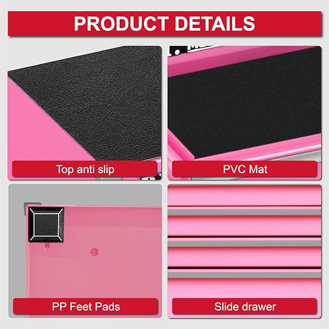 P.I.T. Mini Tool Box 8.6"W X 4.6"D, Portable 5-Drawer Micro Steel Stackable Toolbox with Liner, Pink Cute Tool Case for Small Tools Parts Storage, Home DIY
