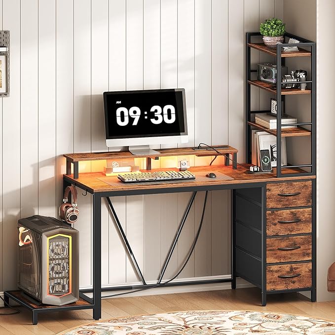 RALGEND Computer Desk with Shelves and Drawers, 43.3 Inch Gaming Desk with Charging Station and LED Lights, Desk Workstation with Monitor Stand and Storage for Home Office, Rustic Brown