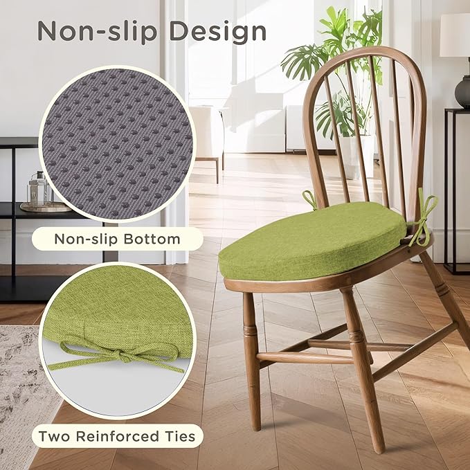 Windsor Chair Cushions for Dining Chairs 4 Pack Non Slip Kitchen Seat Cushion with Ties and Washable Covers Indoor Comfortable Seat Pad with Thick Foam 16.5" x 15.5" x 2" Green