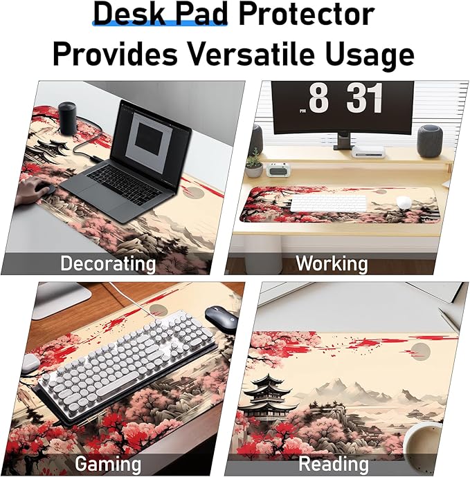 Japanese Sakura Gaming Mouse Pad, Non-Slip Rubber Base, Stitched Edges, for Office, Gaming, Home, 31.5x11.8 Inch, Desktop Decoration