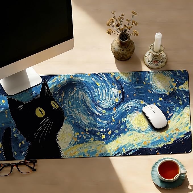 Blue Starry Night Black Cat Mouse Pad,35.4 x 15.7 Inch Large Mouse Mat Non-Slip Rubber Stitched Edges for Writing Desk,Office,Home,Laptop