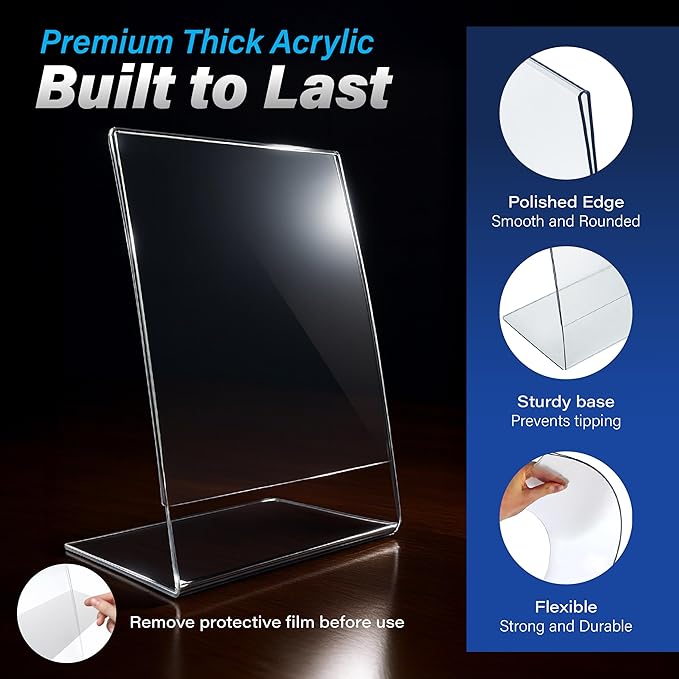Azar 223238-3PK Anti-Glare Matte Clear Acrylic Sign Holders 8.5”W x 11”H – Portrait L-Shaped Frame for Tabletop, Counter Display – Side Loading, Durable Plastic Picture or Menu Frame (Pack of 3)