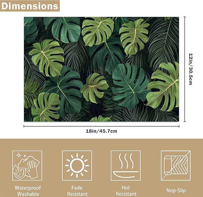 Linen Placemats Set of 6, Tropical Leaves Washable Table Mats 12x18 Inch, Heat Resistant Non Slip Placemats for Dining Table Kitchen Everyday Use