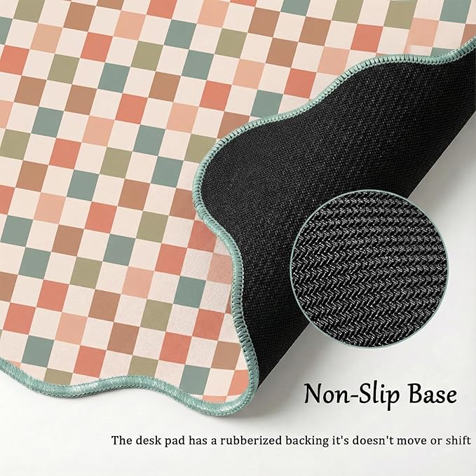 Scalloped Desk Mat Extended Large Cute Mouse Pad XXL Aesthetic Desk Pad Boho Plaid Mousepad Retro Beige Checkered Mouse Pad for Keyboard Computer Stitched Edges Non-Slip Home Office 35.4X15.7Inch