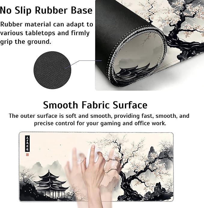 Japanese Cherry Blossom Mouse Pad,35.4 x 15.7 Inch Large Mouse Mat Non-Slip Rubber Stitched Edges for Writing Desk,Office,Home,Laptop