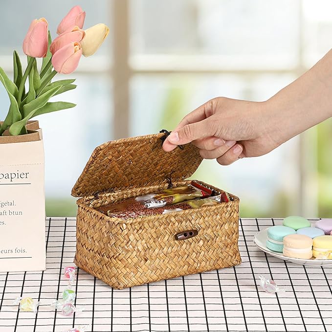 Hipiwe Mini Seagrass Basket with Lid Decorative Shelf Basket Box Multipurpose Desktop Organizer, Caramel 7.0" x 4.3" x 3.3"
