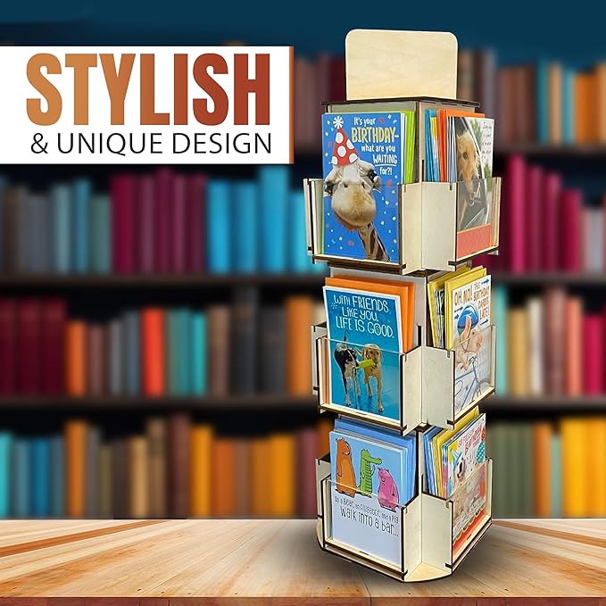 Rotating Greeting Card Display Stand, 3 Tier Wooden Organizer, 4-Sided Display Rack Spinning Multi-Pocket Display for Coasters, Stickers, Retail, Tradeshow - A4, A6, A7, 5"x7", 4 bar (Natural)