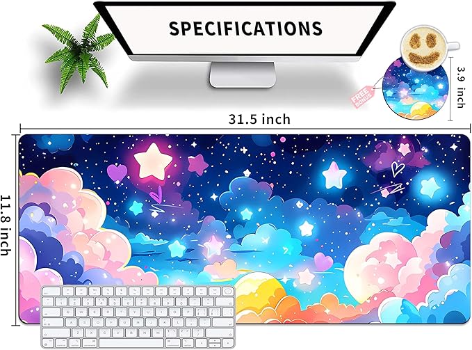 Extended Mouse Pad with Coaster 31.5 x 11.8 Desk Pad Full Desk Mousepad Stitched Edges Desk Mat Long Large Gaming Mouse Pad for Desk Office Home Rainbow Star