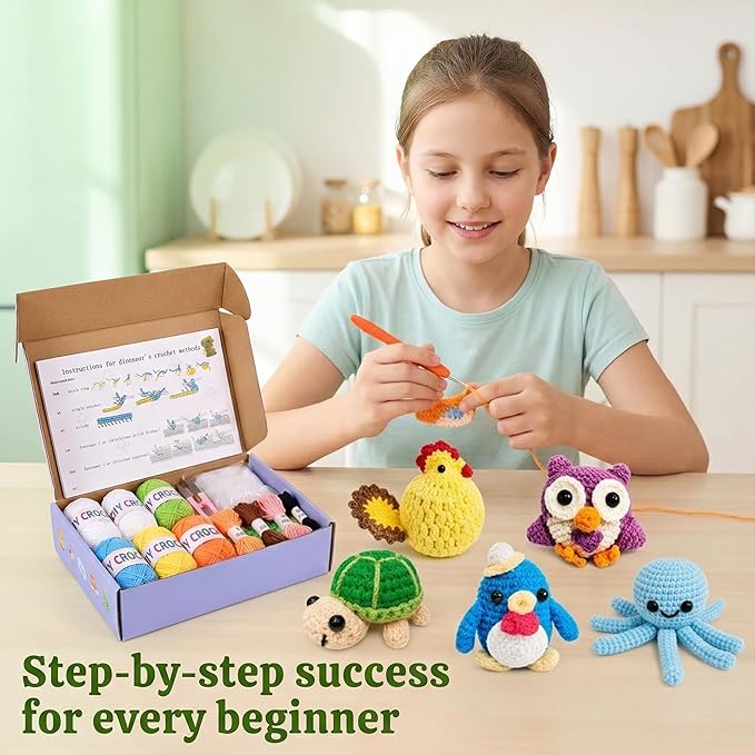Crochet Kits for Begainners – 6 pcs Animal Amigurumi Set, 6 pcs Zipper Bag, Beginner Crochet Starter Pack for Adults & Kids, Learn to DIY Craft Stitch with Yarn, Hooks, Stuffing & Paper Instructions