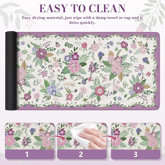 iCasso Floral Desk Mat for Keyboard and Mouse,Cute Gaming Mouse Pad XXL,Anti-Slip Desk Matt for Desktop,Soft Lycra Surface Computer Mat Women,Girly Big Mousepad for Home Office (Purple Floral)
