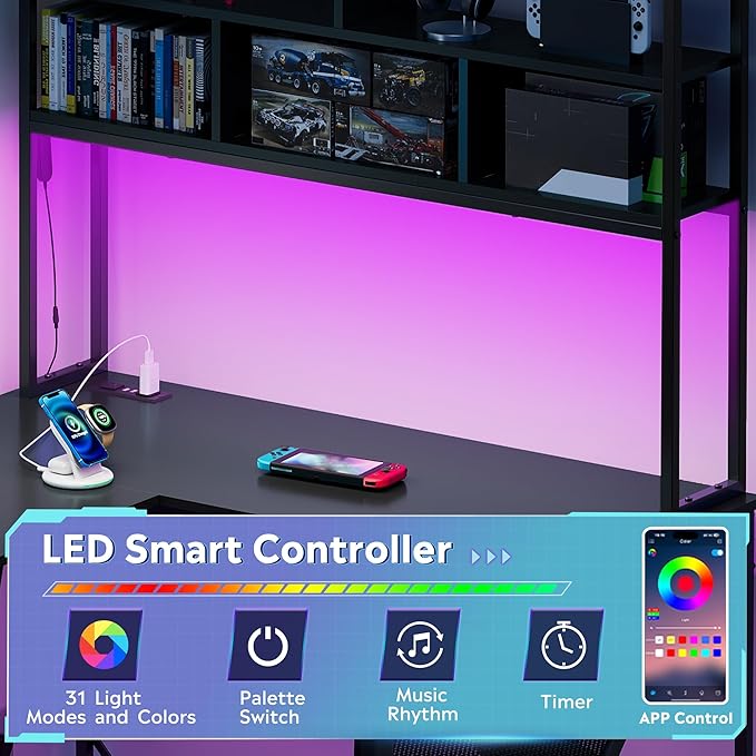 DEVAISE 66 Inch L Shaped Gaming Desk with Drawers and Storage, Corner Desk with LED Lights, Power Outlets, Computer Desk with Monitor Stand, Office Desk for Home, with Hutch, Black