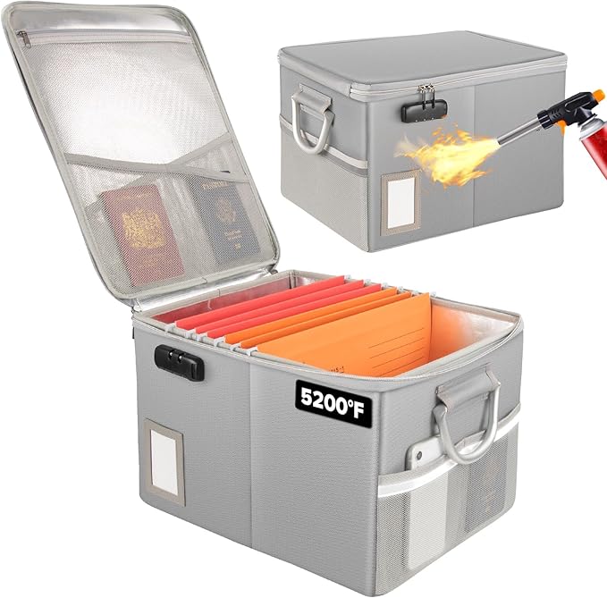 TOMKID 5200°F Fireproof Document Box, Fire Important Document Organizer with Lock, Upgraded Heat Insulated Filing Storage Cabinet Office Organization (5200°F Fireproof Box, Silver)
