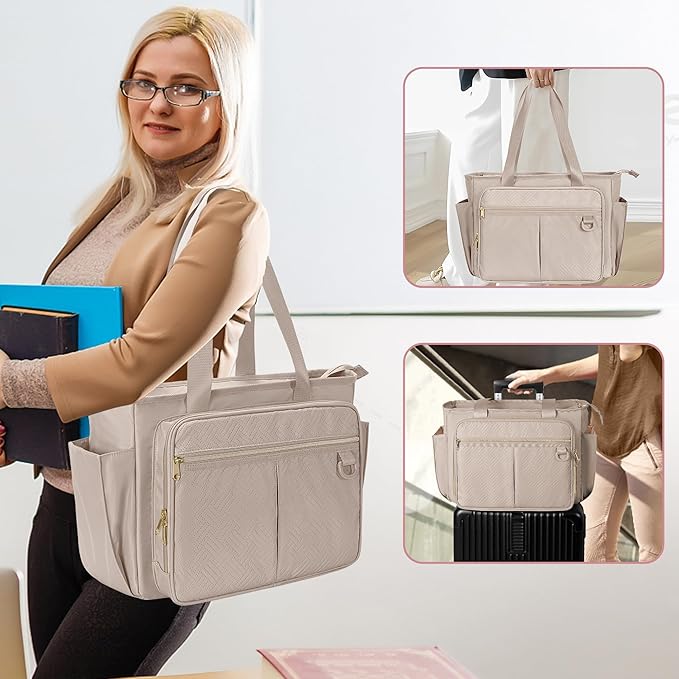 Teacher Tote Bag with Accordion File Organizer Pocket, Large Teacher Work Utility Bag for Women, Light Tan (Patent Design)
