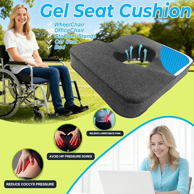 Gel & Memory Foam Wheelchair Seat Cushion,Donut Pillow for tailbone pain relief,Bed Sore Cushions for Butt,Pressure Relief,Sciatica,Coccyx,hemorrhoid Pillow,Cushion for Office Chair & Desk（GRAY）