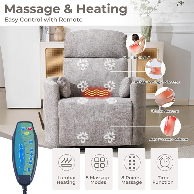 Oversized Swivel Rocker Recliner Chair with Massage and Heat, Manual Swivel Glider Rocker Recliner with 2 Bolster Pillows, Rocking Nursery Chair with Storage Ottoman , Adjustable Headrest, Light Grey