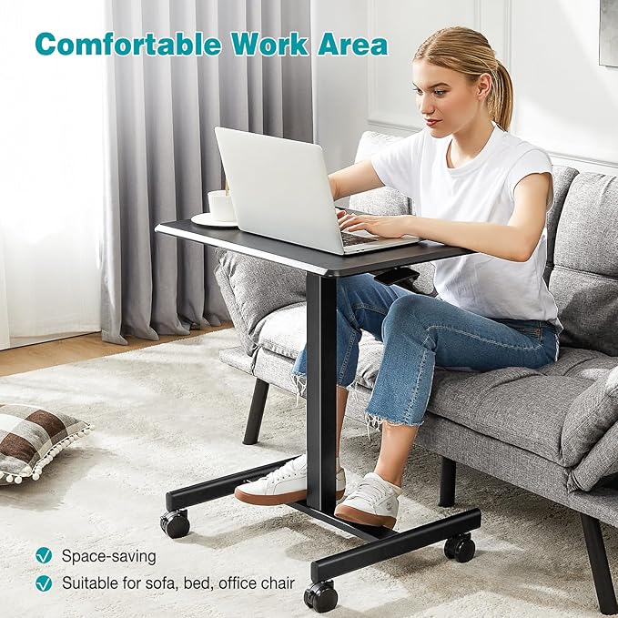 DUMOS Small Rolling Desk Mobile Standing Portable Laptop PC Table with Wheels, Adjustable Height Computer Workstation for Bedroom Study Use, Space Saving Home Office Desk, Modern Black