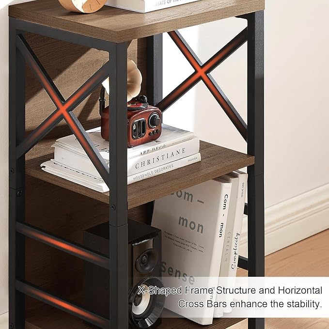 MNEETRUNG Small Bookshelf,3 Tier Industrial Bookcase with Metal Frame and Backboard,Low Rustic Brown Book Shelf,Book case for Small Spaces,Living Room,Bedroom and Home Office