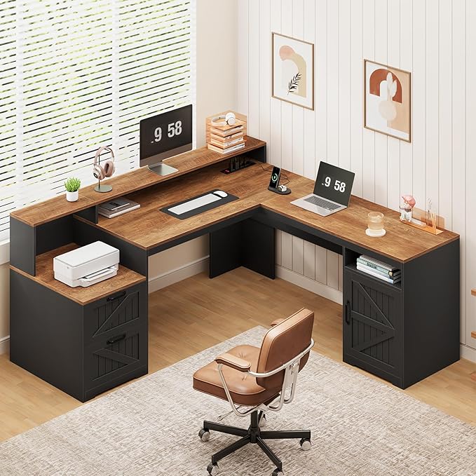 YOMILUVE 63" Farmhouse L Shaped Executive Desk with Drawers & Storage Shelf, Corner Computer Desk with Power Outlets, L Shaped Office Desk with Monitor Stand, Printer Shelf, Brown and Black