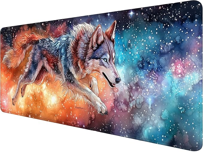 Wolf Mouse Pad Dream Colorful Galaxy Husky Starry Sky Large Gaming Mouse Mat with Stitched Edges,Non-Slip Waterproof Rubber Base Mous Mat Office Computer Keyboard Laptop Home 31.5x11.8 Inch