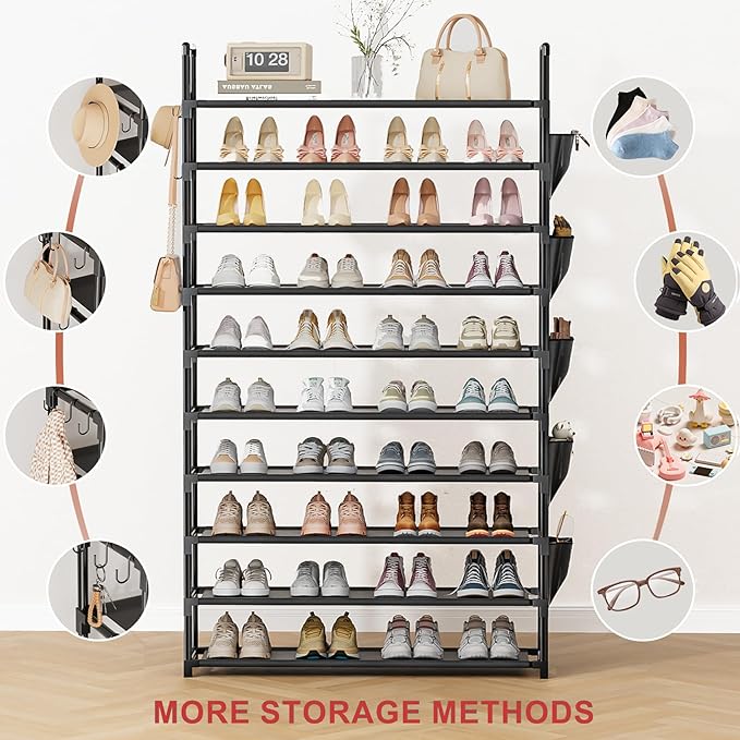 LUKYTOWER Tall Shoe Rack 10 Tier Shoe Racks Organizer for Closet 40-45Pairs,Large Capacity Storage Rack for Shoes with 5Hooks,Sturdy Shoe Shelf, Vertical Shoe Stand Tower