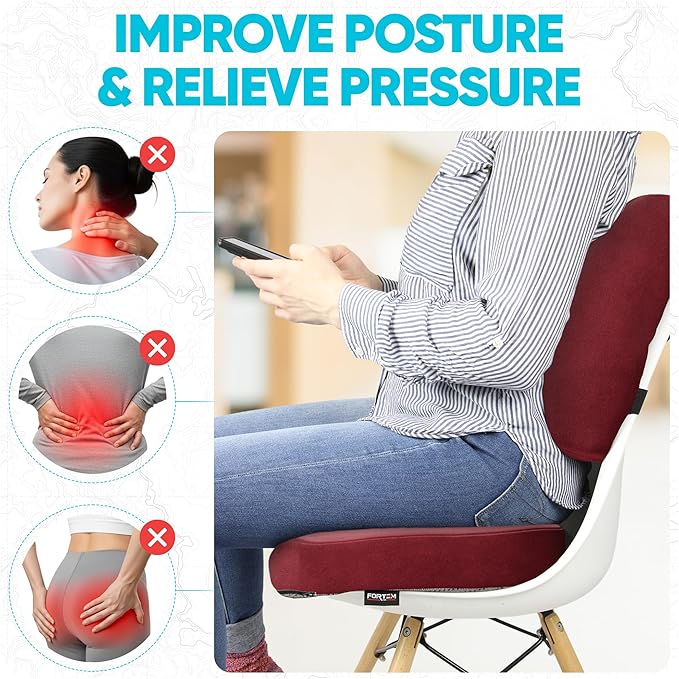 FORTEM Seat Cushion, Office Chair Cushion, Lumbar Support Pillow for Office Chair, Memory Foam Car Seat Cushions, Sciatica Coccyx Tailbone Pain Relief, Cushions for Back Support, Washable, Non Slip