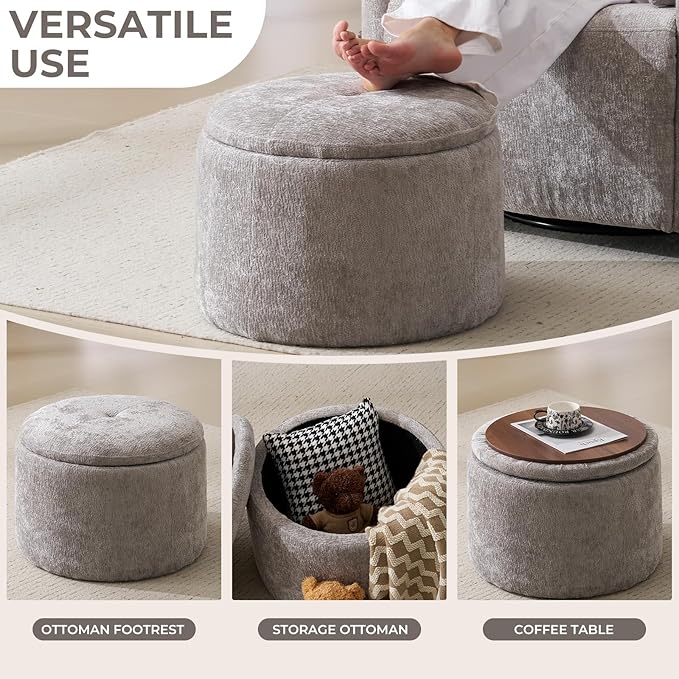 Modern Round Storage Ottoman with Reversible Tray Lid ,Chenille Ottoman Foot Stools , Ottoman Footstool with Hidden Storage , Storage Ottoman for Living Room , Multi-Functional Footrest , Light Grey