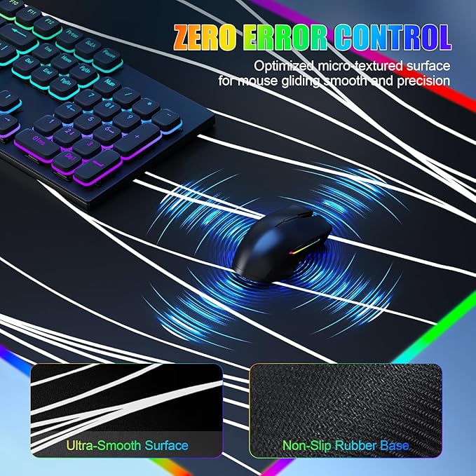 RGB Mouse Pad with Foldable Phone Stand Wireless Charger, 31.5"x11.8" XL Gaming Mousepad Large Desk Mat, Desk Pad with 11 Colors 5 Modes, Waterproof (Wave Print)