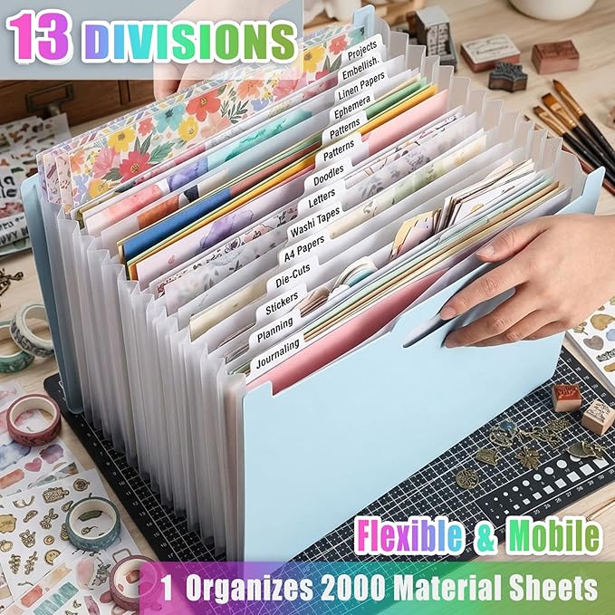 12x12 Scrapbook Paper Storage Organizer, Expandable 13 Pocket Desktop Paper Organizer Storage for Scrapbook Essentials, Large Scrapbook Storage for Photos, Washi Tape, Sticker (Blue)