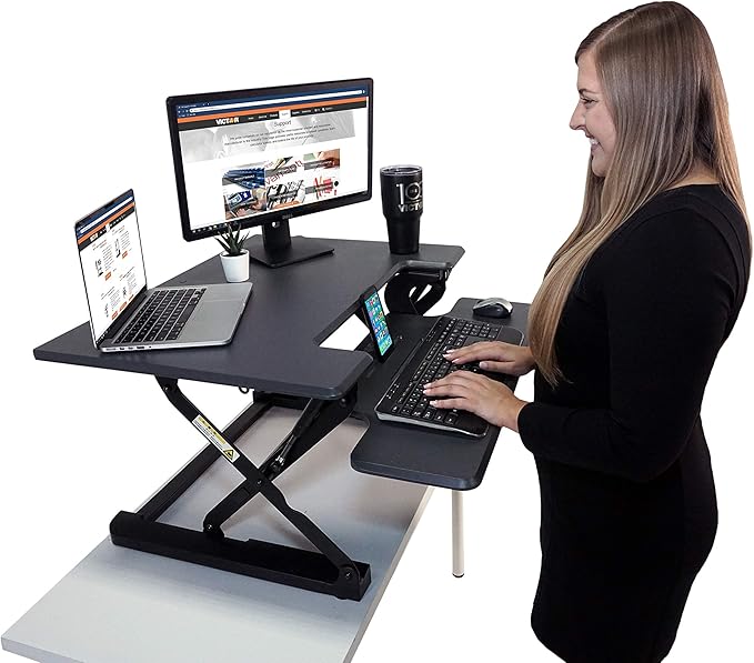 Victor DCX710G High Rise Collection Height Adjustable Standing Desk with Keyboard Tray (Gray) - Sturdy Steel Frame, Dual Lever Release System, 2 Tiered Wooden Work Surface and Keyboard Tray, 31 Inches