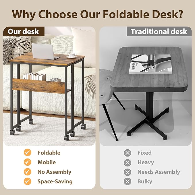 Folding Desk Small Rolling Desk with Storage Shelf,24.8 Inch Foldable Computer Table with Wheels,Portable Office Desk for Small Space Sofa Table,Easy to Fold,Writing Work Office Computer Desk,Walnut