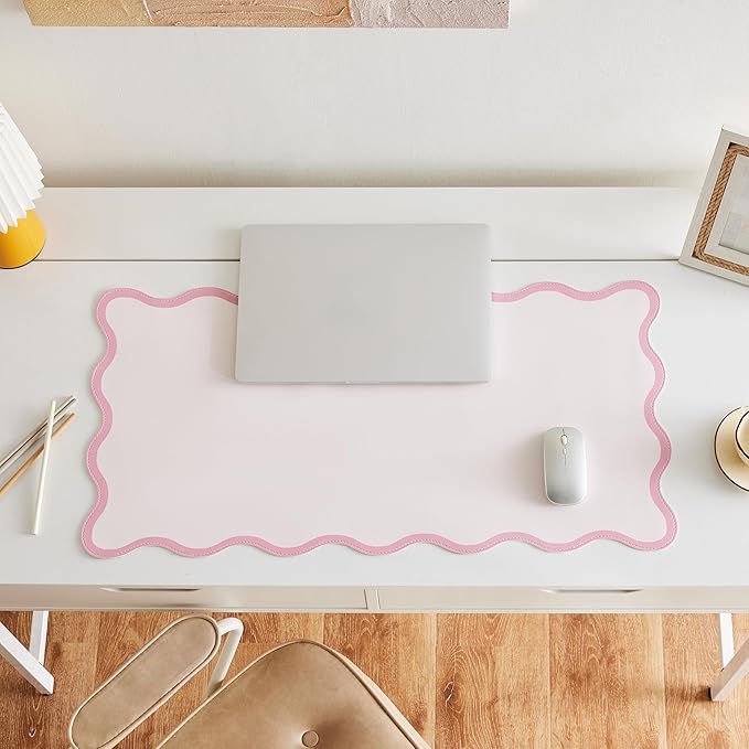 Pink Scalloped Desk Mat, 31.5" x 15.7", PU Leather, Waterproof Anti-Slip, Cute Aesthetic Desk Pad for Office/Home/Game/Vanity Large